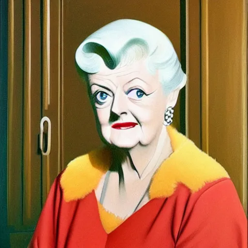 Prompt: very beautiful portrait of dame angela lansbury wearing pearls, detailed and colorful and painted by rene magritte