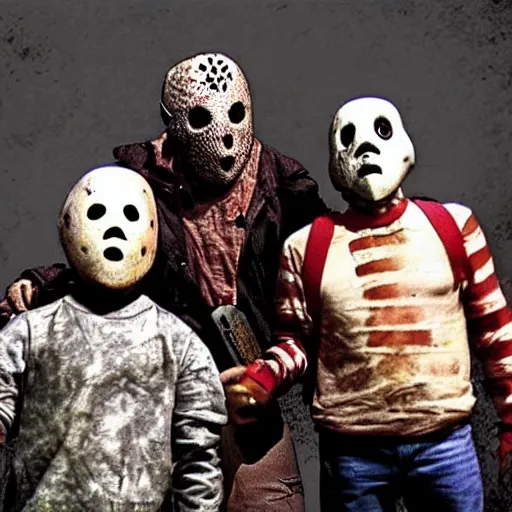 Image similar to photorealistic JasonVoorhees, Freddy Krueger, Leatherface and Ghostface posing for a family picture together