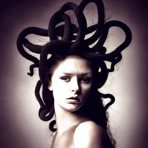 Prompt: portrait of medusa, dark, strobist light, photoreal, volumetric light, 8 5 mm lens, dramatic, epic, cenital light, sharp focus, by annie leibovitz