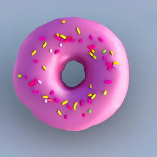 Prompt: 3 d render of realistic pink frosted donut with sprinkles, the donut has a bite taken out of it