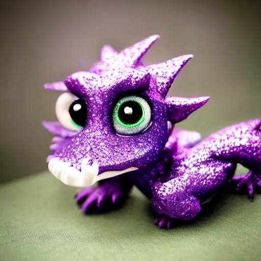 Image similar to adorable baby dragon, the dragon is purple and glittery, big eyes, cgi, ethereal fairytale, kawaii
