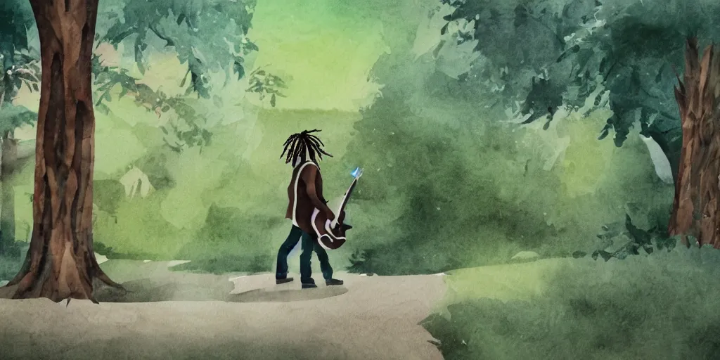 Image similar to side shot of a man with dreadlocks walking while playing the guitar with trees in the background, in watercolor style, animation, concept art