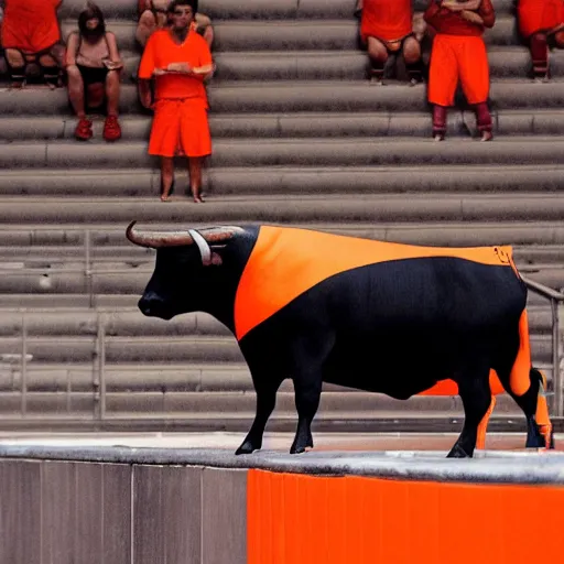 Prompt: bull wearing orange inmate clothes in a bullring stadium in pamplona