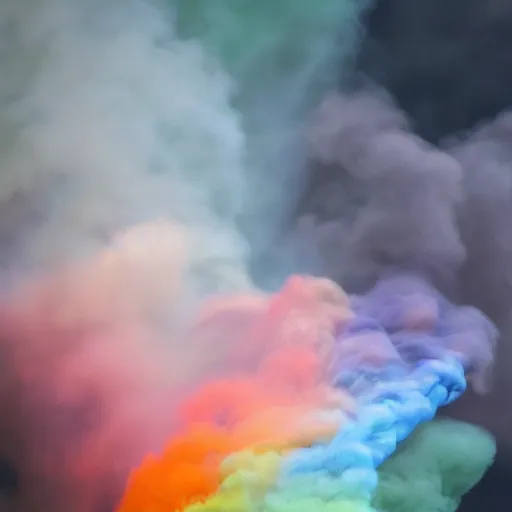 Image similar to multi color smoke, smoke has the shape of a small ( outstretched ribbed wings and head of an ancient dragon ), billowy, hdr, 8 k, 4 k