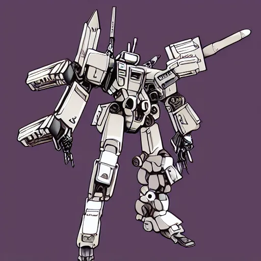 Image similar to high quality anime-style image of a battlemech, armed with a spear and a missile rack, elegant