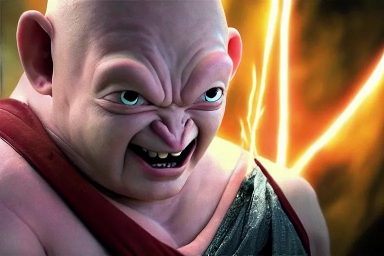 Prompt: “Andy Serkis as Majin Buu from Dragonball Z. Film Adaptation. Photorealistic. Dramatic lighting.”