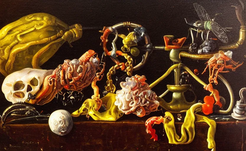 Prompt: disturbing colorful oil painting dutch golden age vanitas still life with bizarre objects strange gooey surfaces wet shiny metal bizarre insects rachel ruysch dali todd schorr very detailed perfect composition rule of thirds masterpiece canon 5 0 mm, cinematic lighting, photography, retro, film, kodachrome