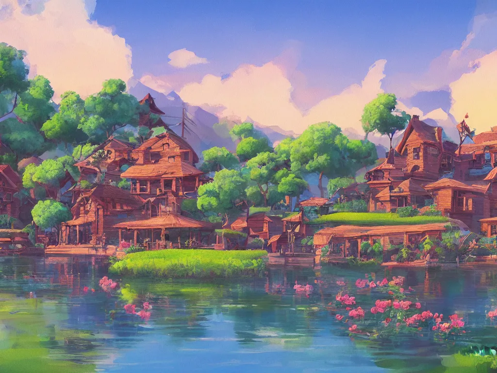 KREA - beautiful anime illustration of rural fantasy steampunk village,  relaxing, calm, cozy, peaceful, by mamoru hosoda, hayao miyazaki, makoto  shinkai