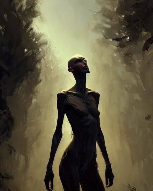 Image similar to epic portrait cinematic shot an skinny tall creature with long arms, long neck, bald, covered in dark substance, fine details. night setting. realistic shaded lighting poster by craig mullism, artgerm, jeremy lipkin and michael garmash, unreal engine, radiant light, detailed and intricate environment, digital art, trending on art station,