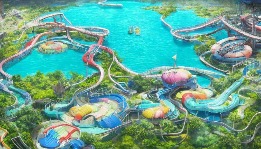 Image similar to A highly detailed matte painting of a huge empty water park with swimming pools, lazy rivers and water slides by Studio Ghibli, Makoto Shinkai, by Artgerm, by beeple, by Greg Rutkowski, volumetric lighting, octane render, 4K resolution, trending on artstation, masterpiece