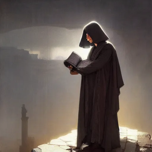 Image similar to half portait of jedi wearing a closed cowl and big old book! chained to the wrist, jeremy mann, jean - leon gerome, tiepolo, alphonse mucha, greg rutkowski, face in the shadows, ( ( ruins of ancient rome ) ), at dusk, mysterious atmosphere, sunrays, dof, high detailed, 8 k