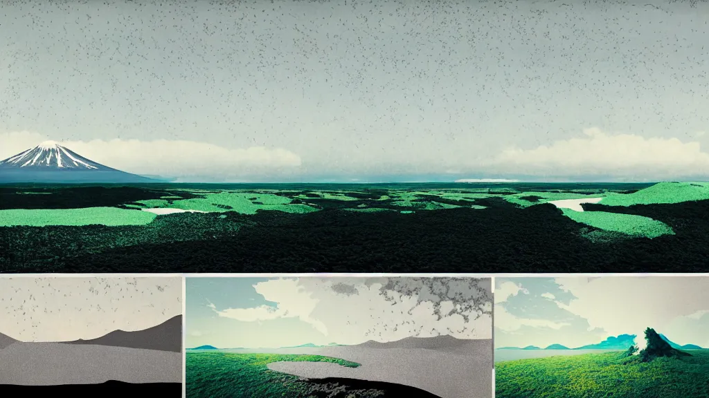 Image similar to dramatic landscape of aomori prefecture, japan, a collage painting, in the style of wes anderson, lola dupre, david hockney, isolated on negative white space background dark monochrome neon fluorescent spraypaint accents volumetric octane render