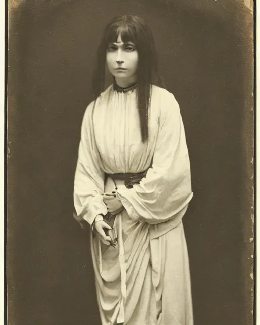 Prompt: a girl with short micro bangs and long hair dressed like the high priestess, 8 k, portrait, beautiful, young, dark hair, 1 8 0 0 s photograph, art nouveau