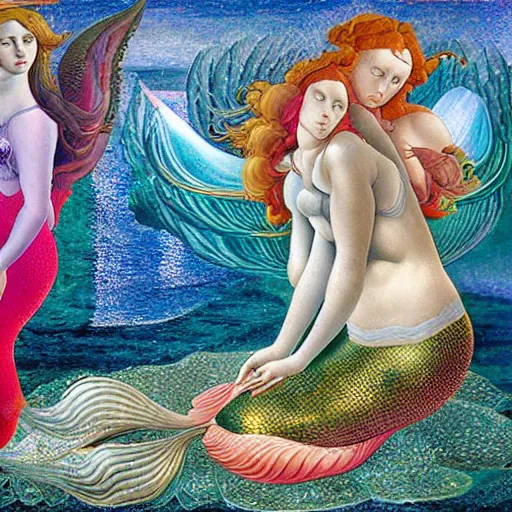 Prompt: mermaids in the void of space - complex and hyperdetailed, reflection and dispersion materials, rays and dispersion of light. volumetric light, noise film photo, ultra realistic, ultra wide angle. holographic and anaglyph materials, textured oil painting by sandro botticelli