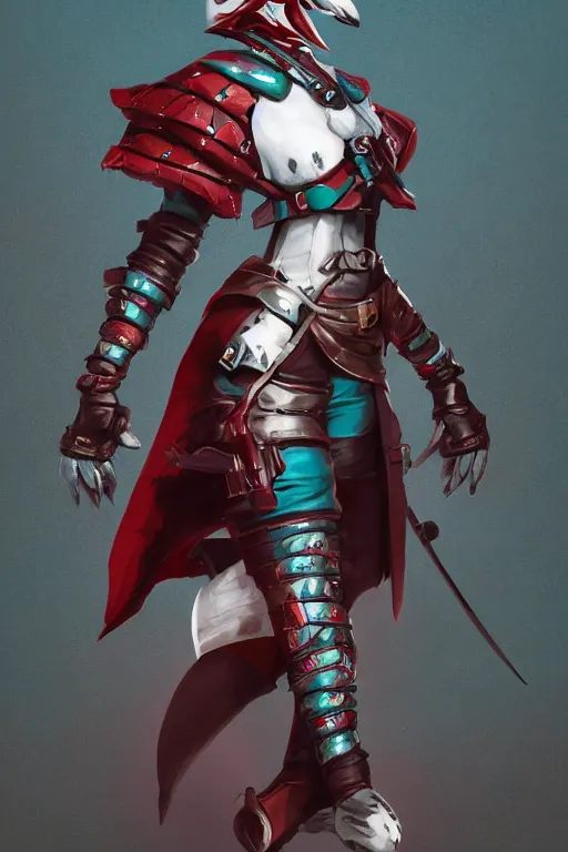 Image similar to female adventurer in tight full - body teal leather armor of japanese design with red accents and a white porcelain crow mask, trending in artstation, establishing shot