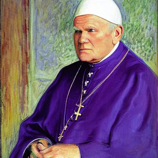 Image similar to portrait of john paul ii wearing white turban with purple top by claude monet