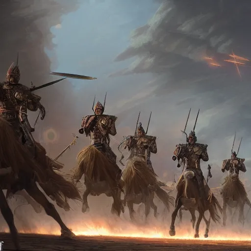 Image similar to an extremely detailed matte painting the polish winged hussars charging the last reminants of the jedi temple, heroic charge, epic fantasy, viewed in profile from very far away, sharp focus, detailed face, art by greg rutkowski and alphonse mucha, volumetric lighting, 4 k resolution, artstation