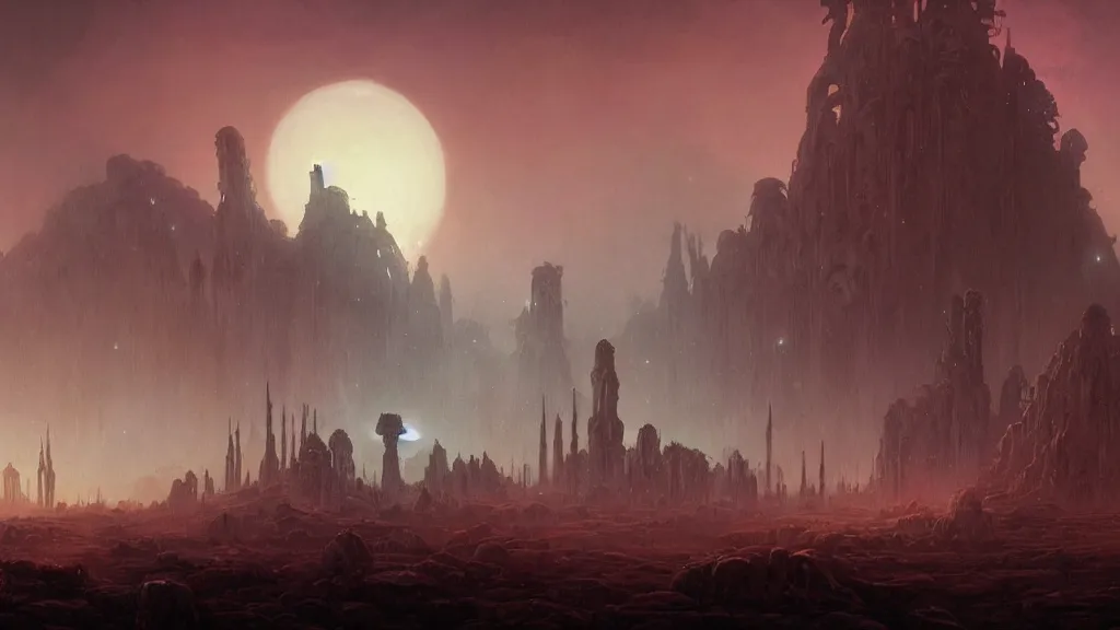 Image similar to eerie atmospheric alien planet with biomechanical plants and the ruins of civilization by les edwards and vincent di fate and anato finnstark, epic cinematic matte painting