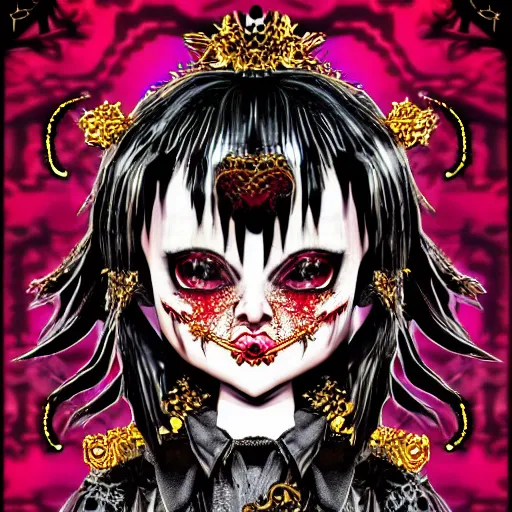 Image similar to baroque bedazzled gothic royalty frames surrounding a pixelsort emo demonic horrorcore japanese yokai doll, low quality sharpened graphics, remastered chromatic aberration spiked korean bloodmoon sigil stars draincore, gothic demon hellfire hexed witchcore aesthetic, dark vhs gothic hearts, neon glyphs spiked with red maroon glitter breakcore art by guro manga artist Shintaro Kago