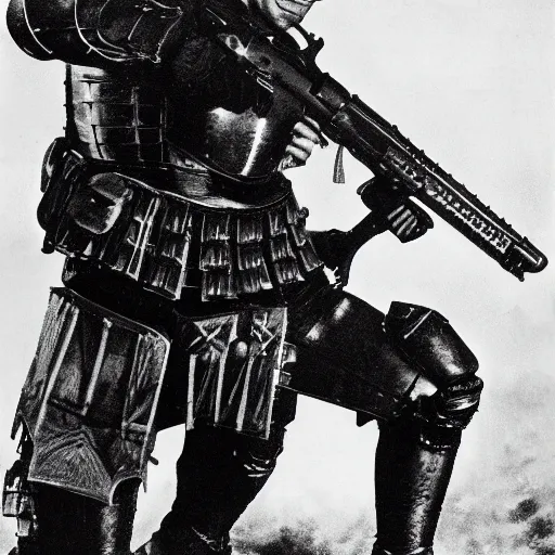 Image similar to old black and white photo, 1 9 1 3, depicting bruce willis in combat armor with guns, historical record, volumetric lights