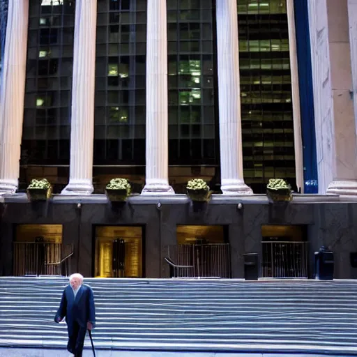 Prompt: warren buffet as thanos standing outside wall street stock exchange, reality, realistic, detailed, 8 k, award winning, wide shot,