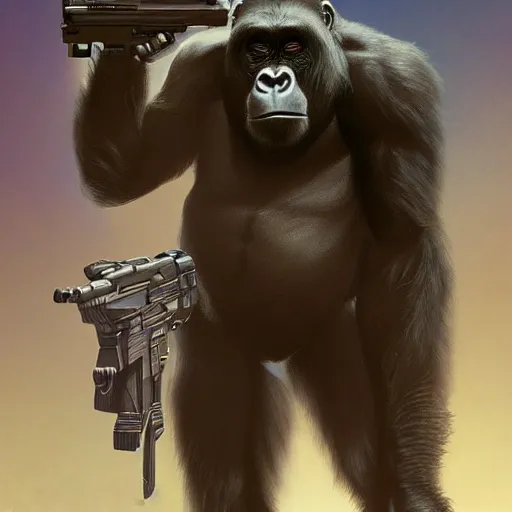 Image similar to detailed science - fiction character portrait of a gorilla with a gun, wild, highly detailed, digital painting, artstation, concept art, smooth, sharp focus, illustration, art by artgerm and greg rutkowski and alphonse mucha