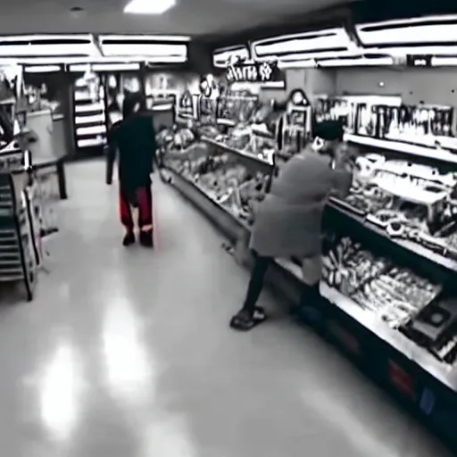 Image similar to cctv footage of a lightsaber fight inside a deli, security cam footage