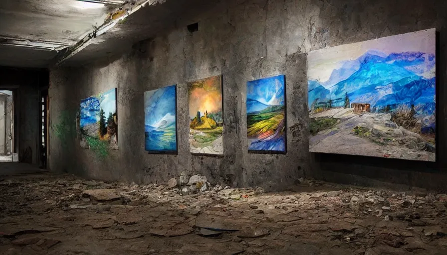 Image similar to photos of landscapes, in a decrepit art gallery, painted on by robots! dramatic lighting