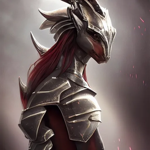 Image similar to stunning cinematic elegant back end shot of a beautiful female knight, but as an anthropomorphic female dragon, well designed highly detailed cute female dragon head with slick eyes, looking back at the camera, well armored, sharp claws, arms crossed, HD octane render, fantasy, furry art, Artstation, Deviantart, Furaffinity