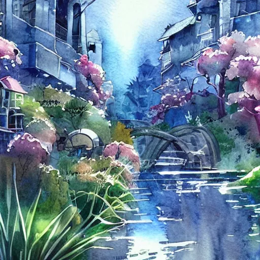 Prompt: Beautiful happy picturesque charming sci-fi town in harmony with nature. Beautiful light. Water and plants. Nice colour scheme, soft warm colour. Beautiful detailed artistic watercolor by Vincent. (2022)