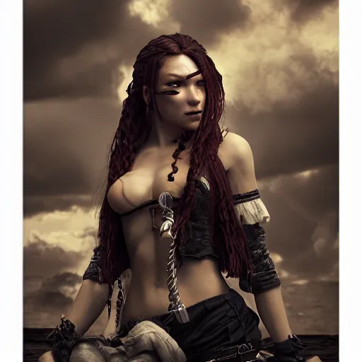 Prompt: full body pose, hyperrealistic photograph of a attractive pirate woman, dim volumetric lighting, 8 k, octane beautifully detailed render, extremely hyper detailed, intricate, epic composition, cinematic lighting, masterpiece, trending on artstation, very very detailed, stunning, hdr, smooth, sharp focus, high resolution, award, winning photo, dslr, 5 0 mm