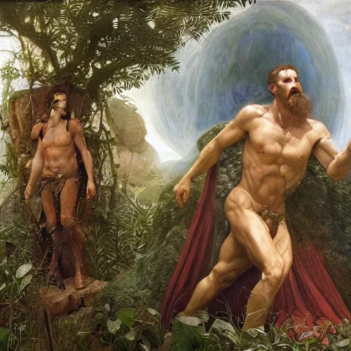 Image similar to Close-up of God being angry in the Garden of Eden. Adam and Eve look very guilty and the snake is leaving the scene quietly - Matte painting , detailed painting, made by Edgar Maxence and Ross Tran and Michael Whelan, Lorenzo Sperlonga Legends of Runeterra