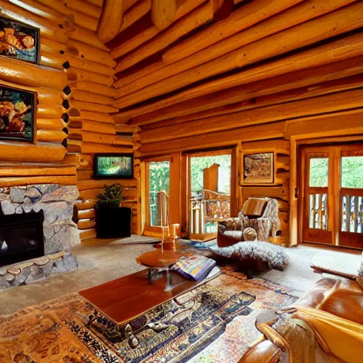 Prompt: “log cabin living room”