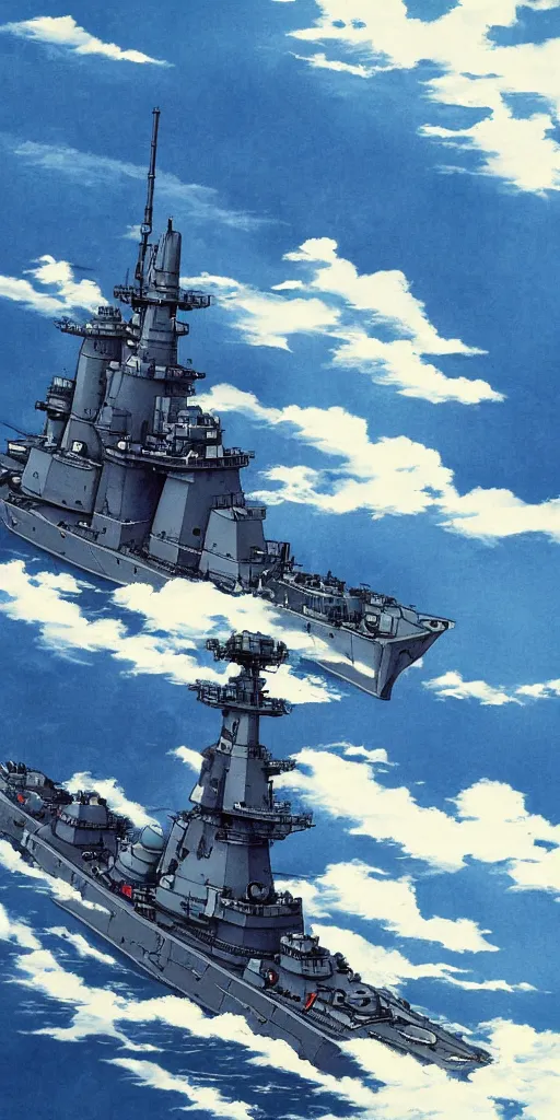 Image similar to japanese battleship fuso flying between clouds, by studio ghibli, dynamic composition, dramatic lighting, hyperrealistic, ultra detailed, nitro colors