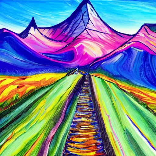 Image similar to mind exploration, vivid abstract landscape, mountains in background, main path is visible and energetic