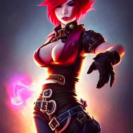 Image similar to portrait of Vi from League of Legends, by Fortiche Studio, from Netflix's Arcane, trending on artstation,fine details, realistic shaded, fine-face, Steampunk city on the background, red hair, steampunk metal boxing gloves on hands, painted texture, pretty face,by Artgerm