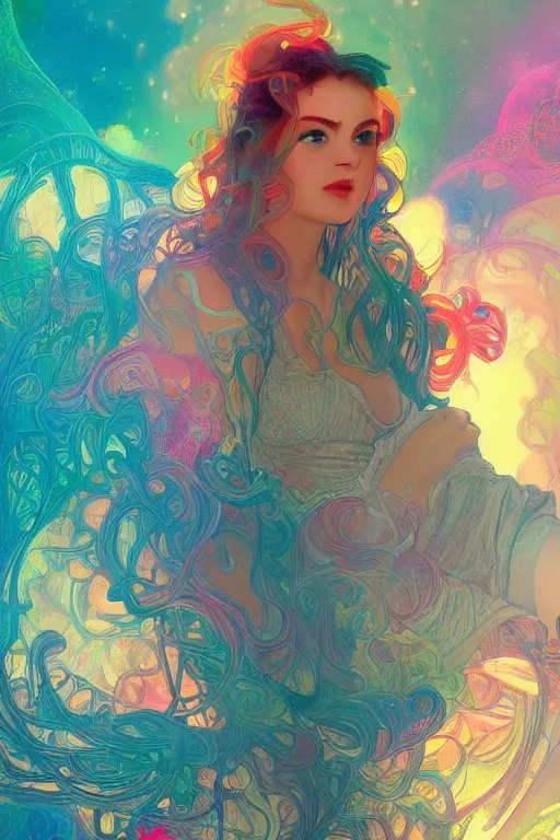 Image similar to a gorgeous woman surrounded by colorful liquid clouds and neon smoke, extremely detailed, super psychedelic experience, psilocybin, dmt, lsd, face, highly detailed, artstation, alphonse mucha, hana yata, and artem demura and beeple, octane render, unreal engine, 8 k