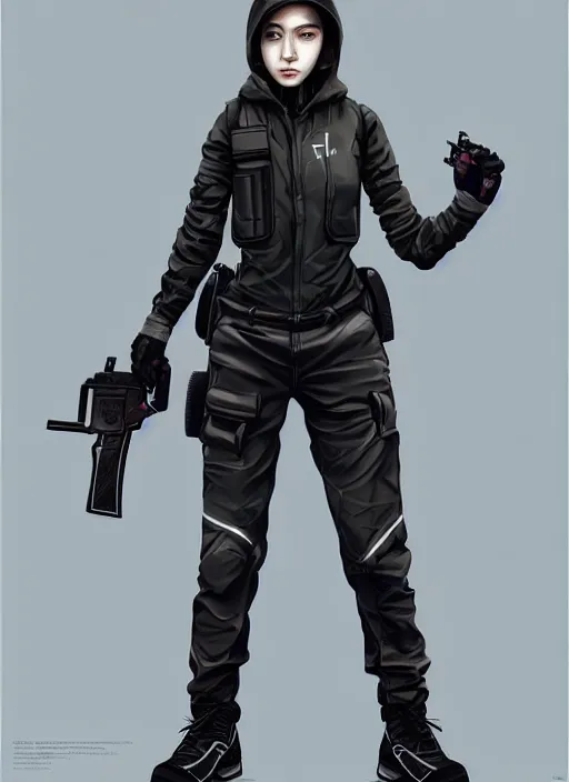 Image similar to full body portrait of a techwear uniform girl with guns. detailed face, concept art, digital art, intricate, highly detailed 8 k, smooth, sharp focus, beautiful and aesthetic shape of face and body, artgerm, artstation, art by zexi guo and nira and kafun and gharliera and rinotuna