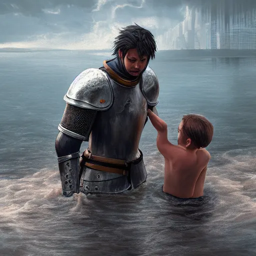 Image similar to a mighty knight saving child from drowning in the river, ultra realistic details, trending on artstation, 8 k