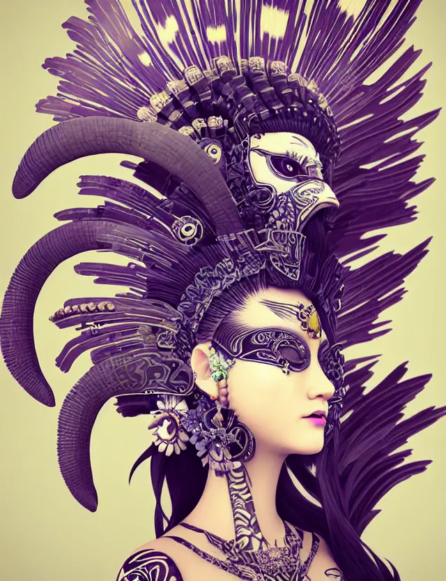 Image similar to 3 d goddess close - up profile portrait punk with mohawk with ram skull. beautiful intricately detailed japanese crow kitsune mask and clasical japanese kimono. betta fish, jellyfish phoenix, bio luminescent, plasma, ice, water, wind, creature, artwork by tooth wu and wlop and beeple and greg rutkowski