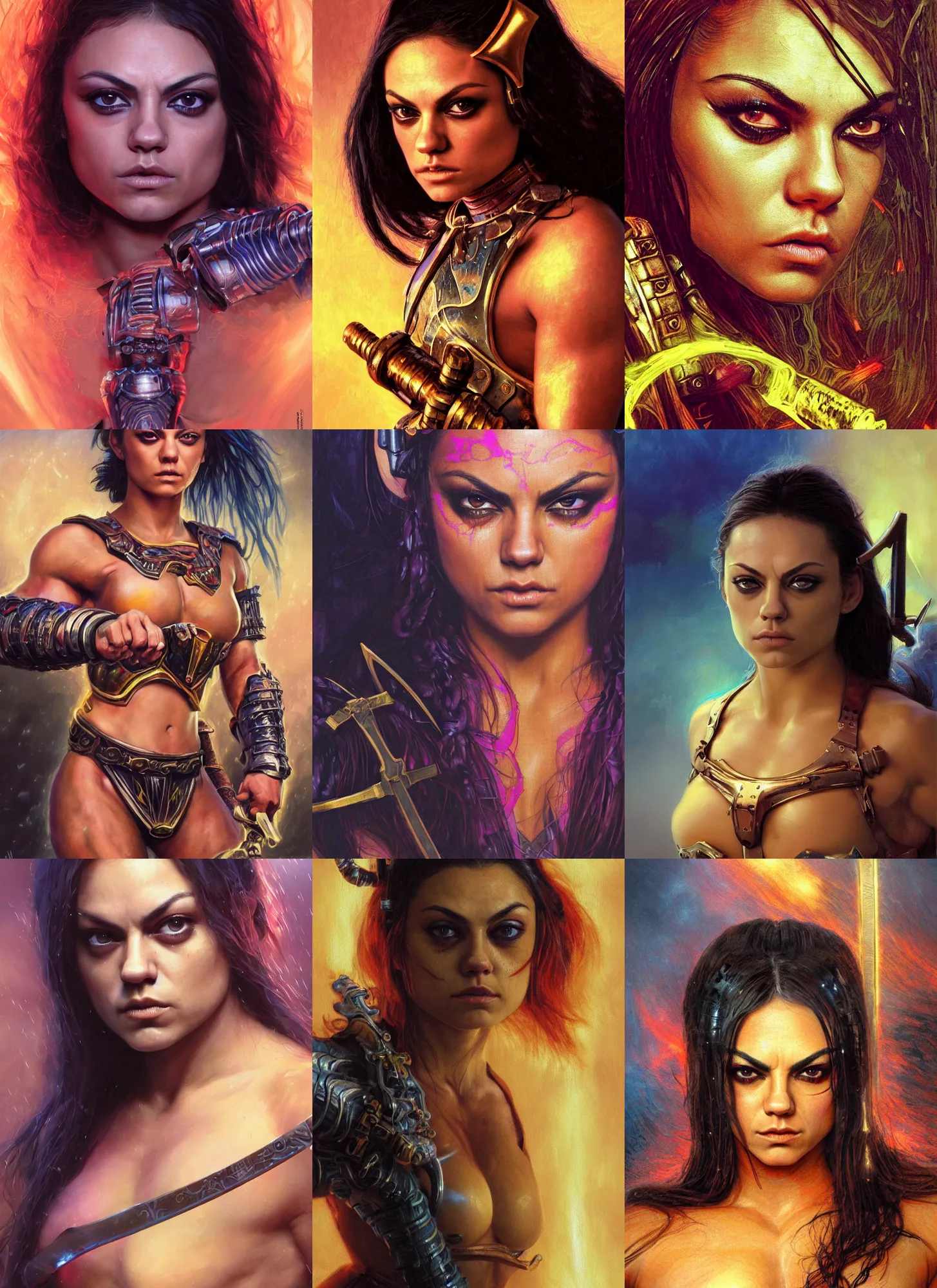 Image similar to bodybuilder mila kunis closeup portrait of a beautiful biblical diabolical samurai girl looking into the camera holding a sword, cyborg neon lit lsd armor, puffs of smoke, golden hour, gerald brom, mikhail vrubel, peter elson, muted pastel colors, extreme detail, light rain, trending on artstation, 8 k