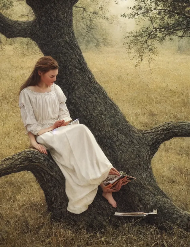 Image similar to peasant Girl in white reading a book sitting on a tree in a foggy forest, Cinematic focus, Polaroid photo, vintage, neutral colors, soft lights, by Steve Hanks, by Serov Valentin, by lisa yuskavage, by Andrei Tarkovsky 8k render, detailed, oil on canvas