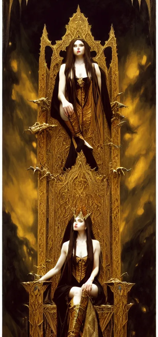 Image similar to full body portrait of beautiful vampire queen in gold gothic robes sitting on a throne of bones, elegant, highly detailed painting by gaston bussiere, craig mullins, j. c. leyendecker, 8 k, mid shot