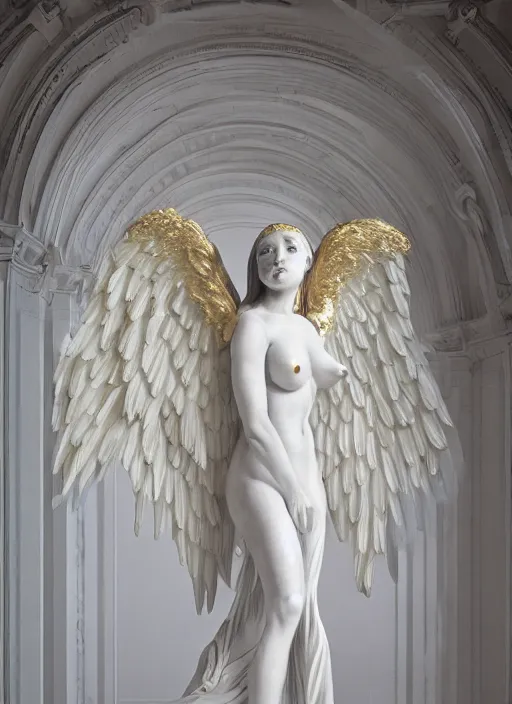 Image similar to a statue made of white marble with gold veins, of an beautiful gorgeous angel girl, full body shot, perfect symmetrical body, perfect symmetrical face, no eyes, hyper realistic, hyper detailed, fujicolor superia 1 6 0 0 photo, by johannen voss, by peter kemp, by monia merlo, by michelangelo octane render, blender, 8 k