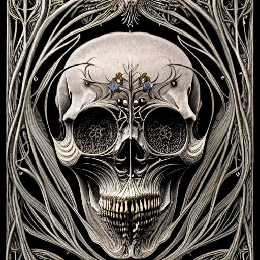 Image similar to art forms of nature by ernst haeckel, memento mori by arthur rackham, ornate antique porcelain beautiful skull mask, ultrasharp, photorealistic, hyperdetailed, octane render, polished, art nouveau, neo - gothic, gothic, intricate ornamental organic filigree, art nouveau botanicals, art forms of nature by ernst haeckel, horizontal symmetry, symbolist, visionary