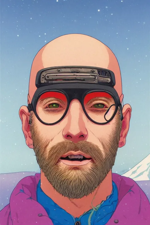 Image similar to a colorful closeup portrait of a young bald man with a very long wild beard dreaming psychedelic hallucinations in the vast icy landscape of antarctica, by kawase hasui, moebius and edward hopper, colorful flat surreal design, hd, 8 k, artstation