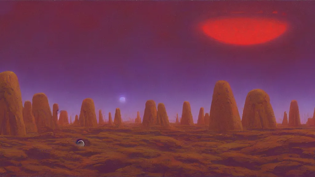 Image similar to mysterious megaliths of an alien civilization by paul lehr and john schoenherr, cinematic matte painting