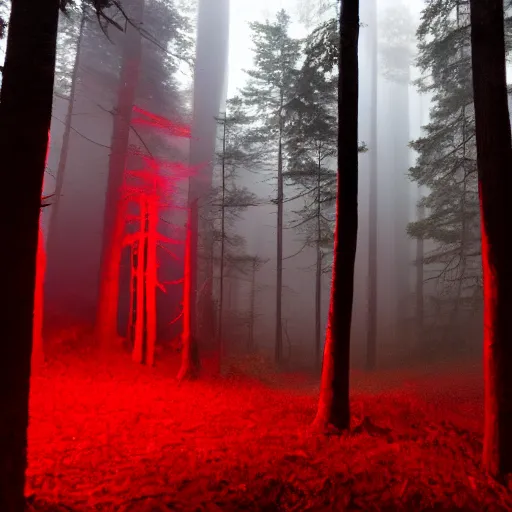 Image similar to dark forest night lights dim red volumetric rendering rave