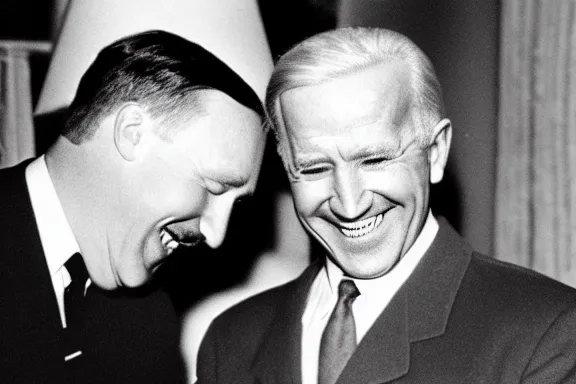 Image similar to “ very very intricate photorealistic photo of hitler and joe biden laughing together, detailed natural lighting, award - winning crisp details ”