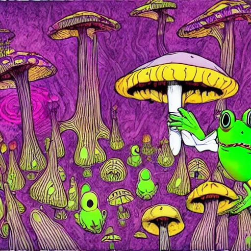 Image similar to scary fairy eating a frog in a psychedelic mushroom village, art style of junji ito, cel animation , masterpiece , post-processing , intricate , legendary matte painting